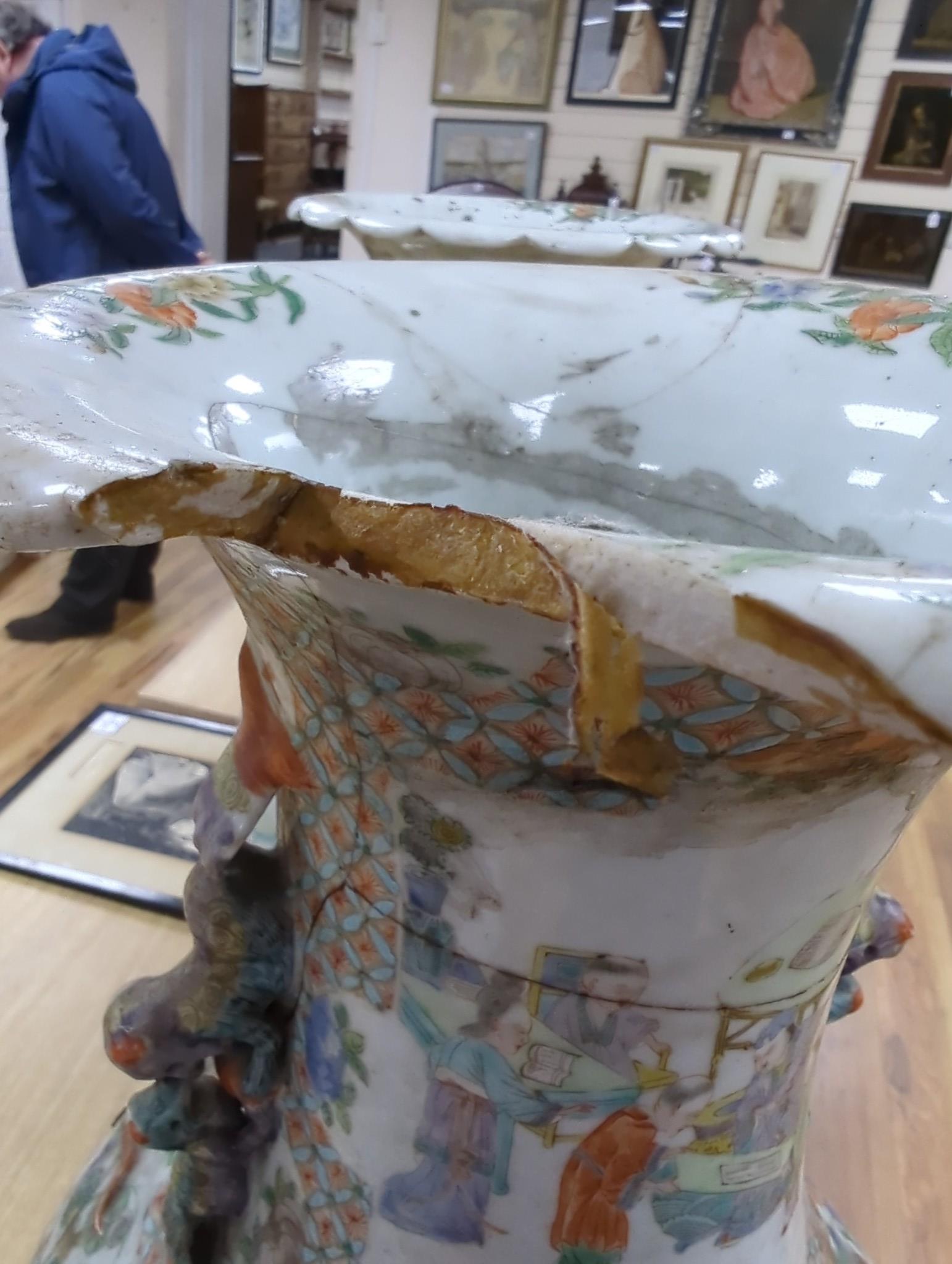 A large pair of Chinese export famille verte dragon vases (in need of restoration), 63cms high